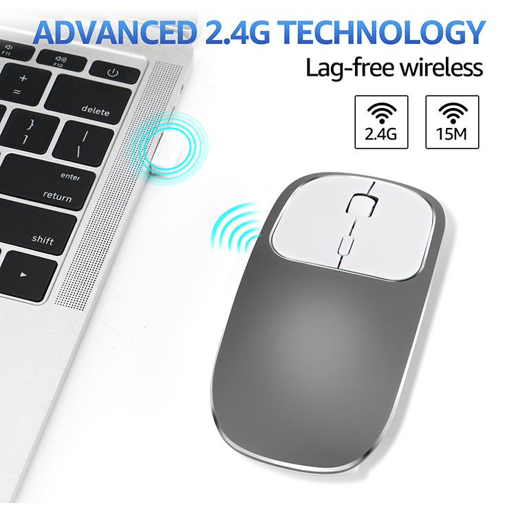 2.4G Wireless Optical Mouse Rechargeable Aluminium Alloy Mice with Type-C Adapter for Desktop Computer Office Laptop