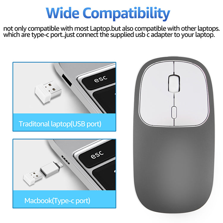 2.4G Wireless Optical Mouse Rechargeable Aluminium Alloy Mice with Type-C Adapter for Desktop Computer Office Laptop