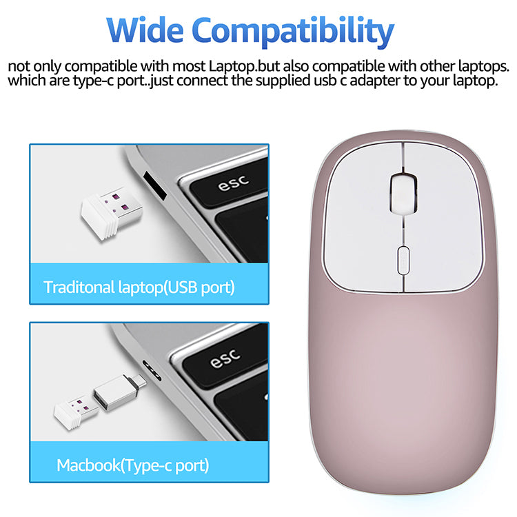 2.4G Wireless Optical Mouse Rechargeable Aluminium Alloy Mice with Type-C Adapter for Desktop Computer Office Laptop
