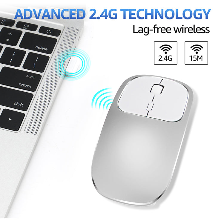 2.4G Wireless Optical Mouse Rechargeable Aluminium Alloy Mice with Type-C Adapter for Desktop Computer Office Laptop