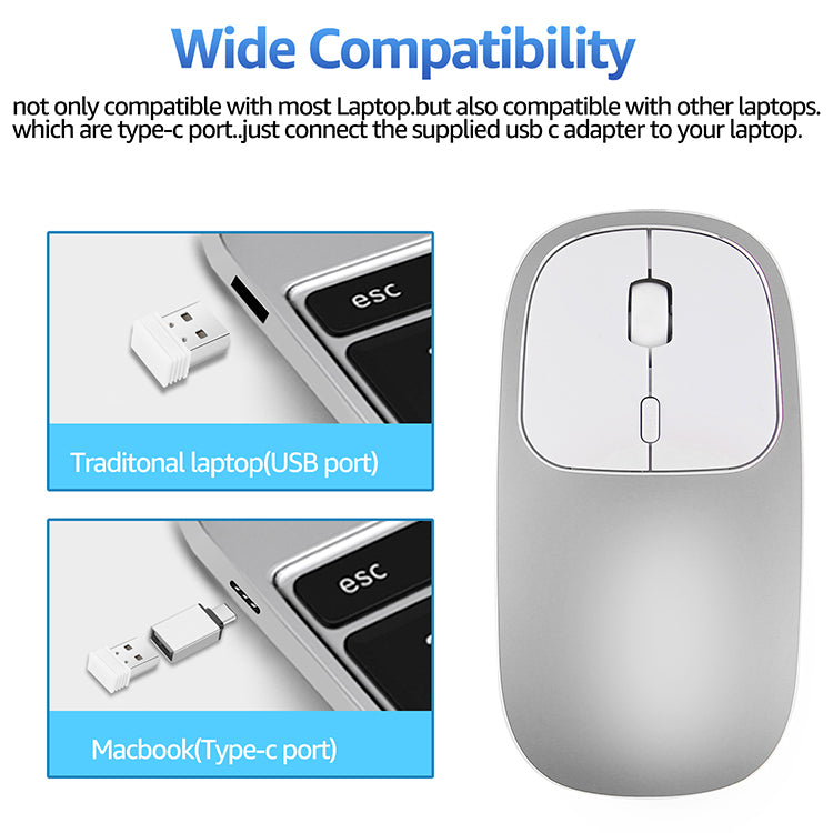 2.4G Wireless Optical Mouse Rechargeable Aluminium Alloy Mice with Type-C Adapter for Desktop Computer Office Laptop
