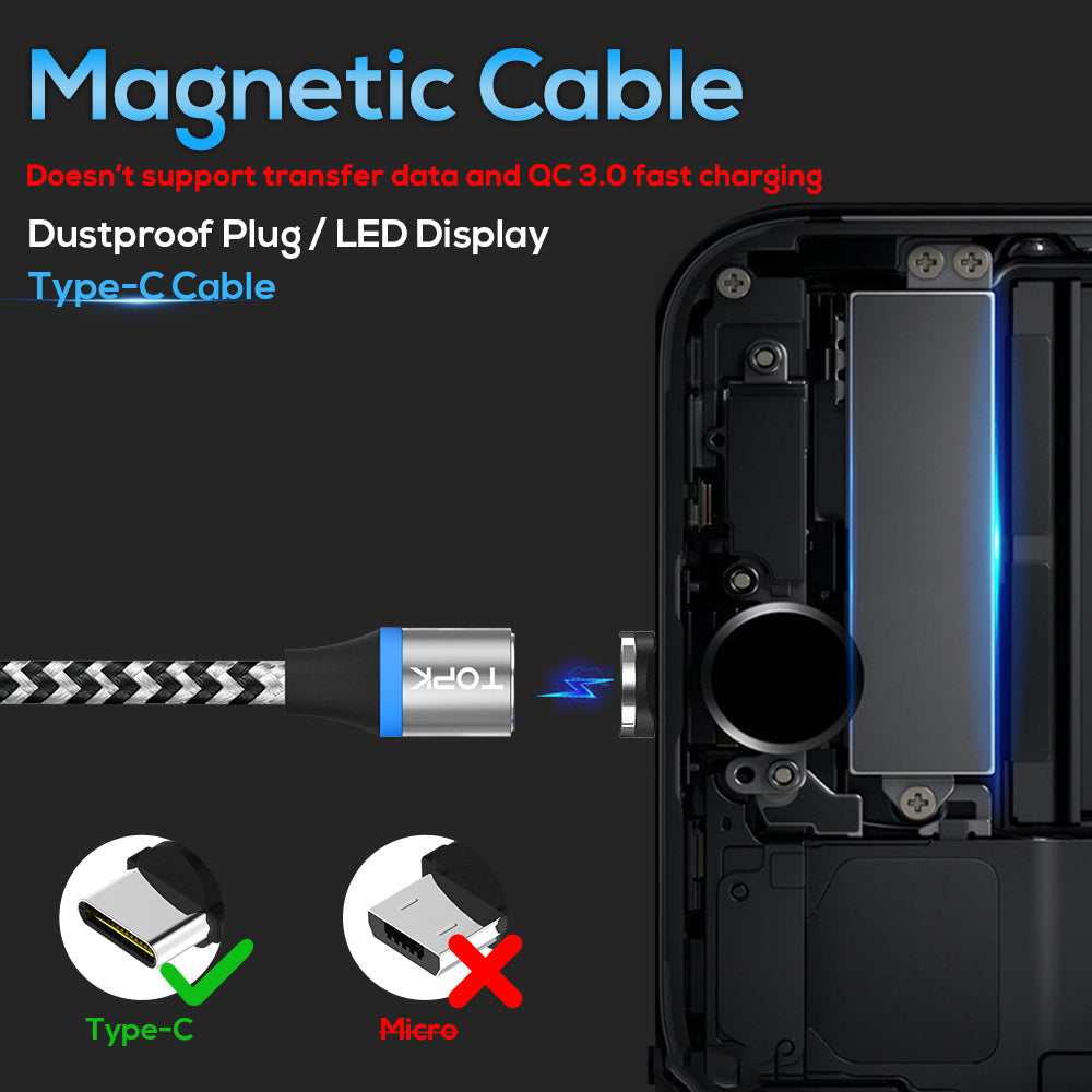TOPK AM33 360 Degree Round Two-color Nylon Braided Magnetic Type-C USB Charging Cable for Samsung Huawei Xiaomi