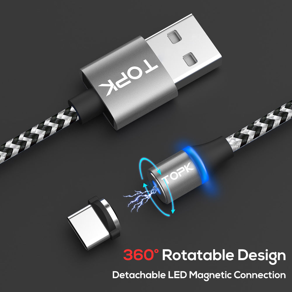 TOPK AM33 360 Degree Round Two-color Nylon Braided Magnetic Type-C USB Charging Cable for Samsung Huawei Xiaomi