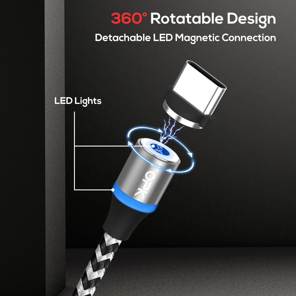 TOPK AM33 360 Degree Round Two-color Nylon Braided Magnetic Type-C USB Charging Cable for Samsung Huawei Xiaomi