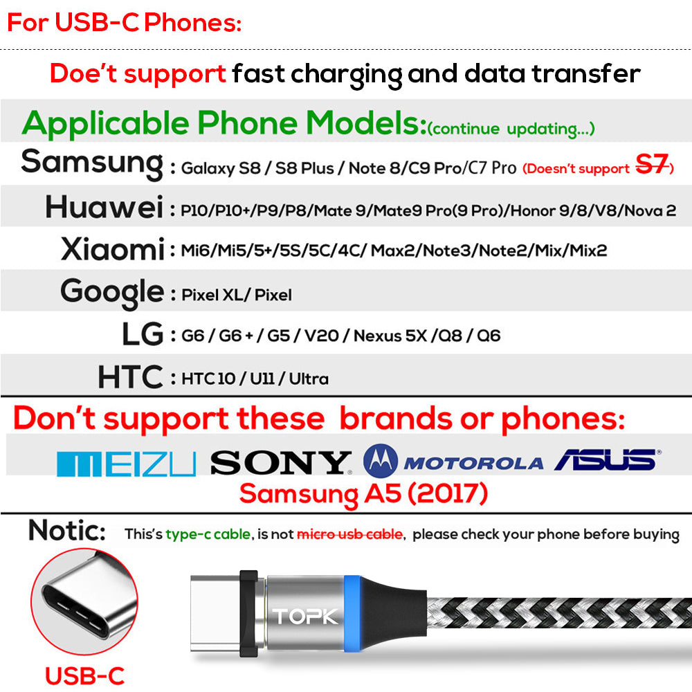 TOPK AM33 360 Degree Round Two-color Nylon Braided Magnetic Type-C USB Charging Cable for Samsung Huawei Xiaomi