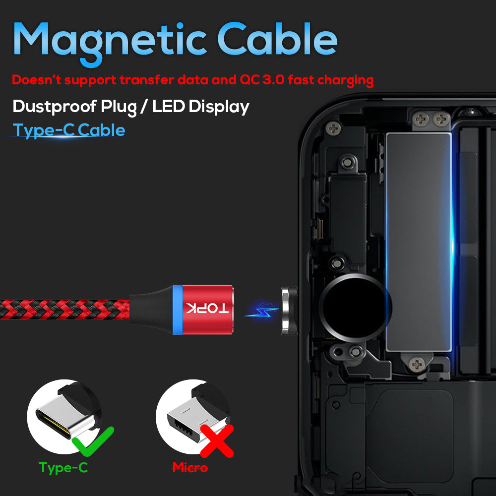 TOPK AM33 360 Degree Round Two-color Nylon Braided Magnetic Type-C USB Charging Cable for Samsung Huawei Xiaomi