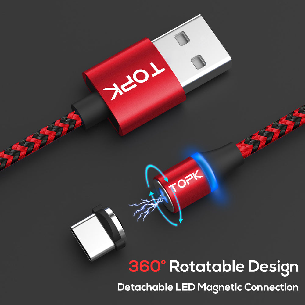 TOPK AM33 360 Degree Round Two-color Nylon Braided Magnetic Type-C USB Charging Cable for Samsung Huawei Xiaomi