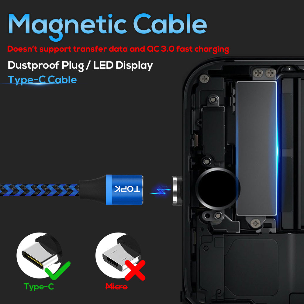 TOPK AM33 360 Degree Round Two-color Nylon Braided Magnetic Type-C USB Charging Cable for Samsung Huawei Xiaomi