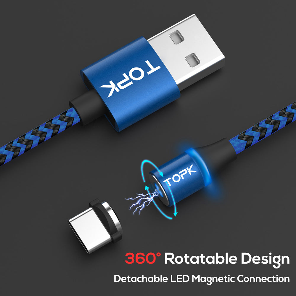 TOPK AM33 360 Degree Round Two-color Nylon Braided Magnetic Type-C USB Charging Cable for Samsung Huawei Xiaomi
