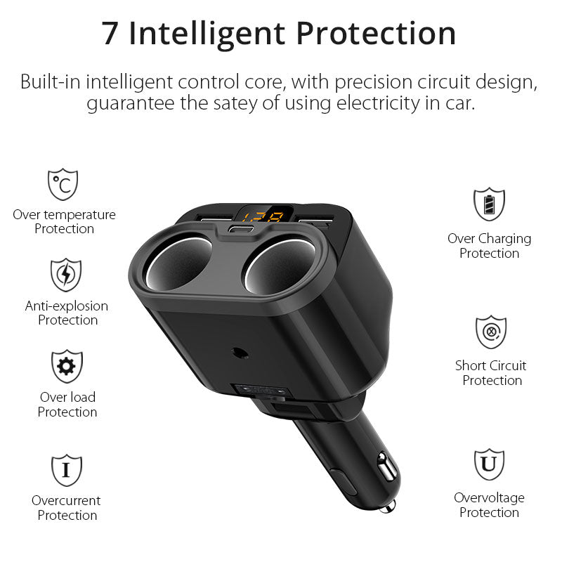 4.8A Dual USB Car Charger LCD Display 12-24V Type-C Cigarette Socket Lighter