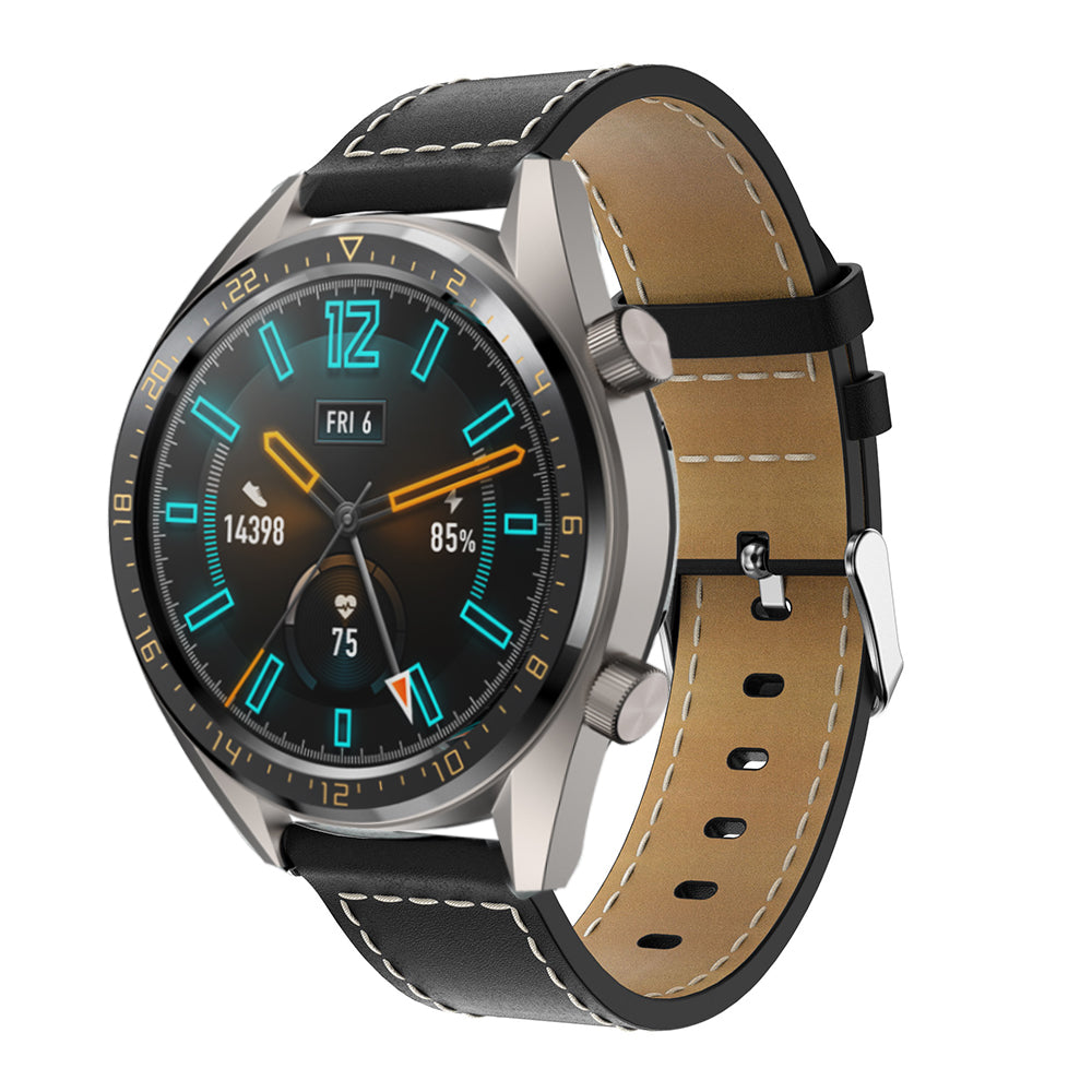 For Huawei Watch GT/Samsung Gear S3 Classic/S3 Frontier 22mm Genuine Leather Smart Watch Strap Replacement Band with White Stitch