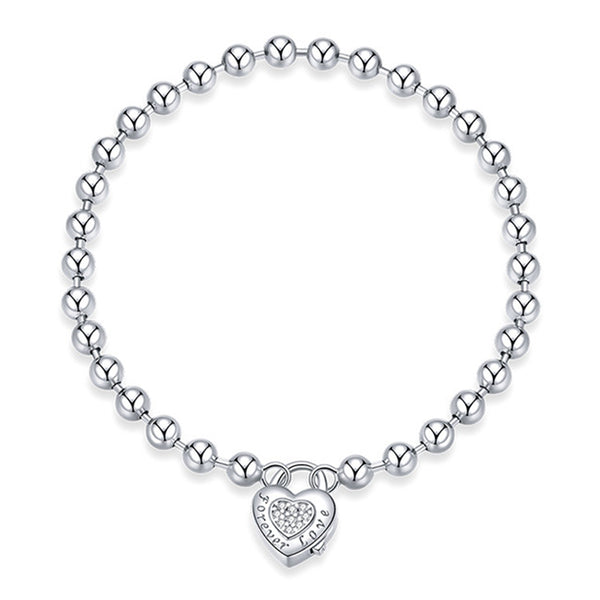 17cm S925 Sterling Silver Heart-shaped Pendant Round Beads Women Bracelet Jewelry Gift