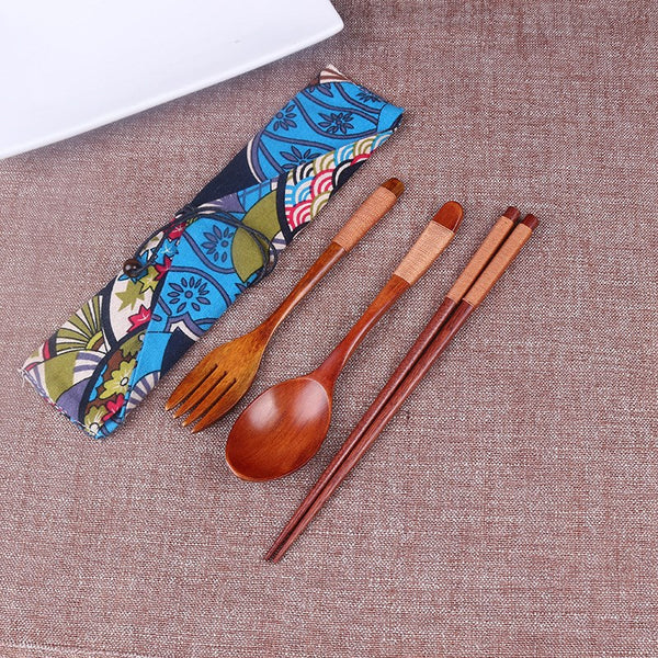 Portable Wooden Chopsticks Spoon Fork Tableware Set with Vintage Cloth Storage Bag
