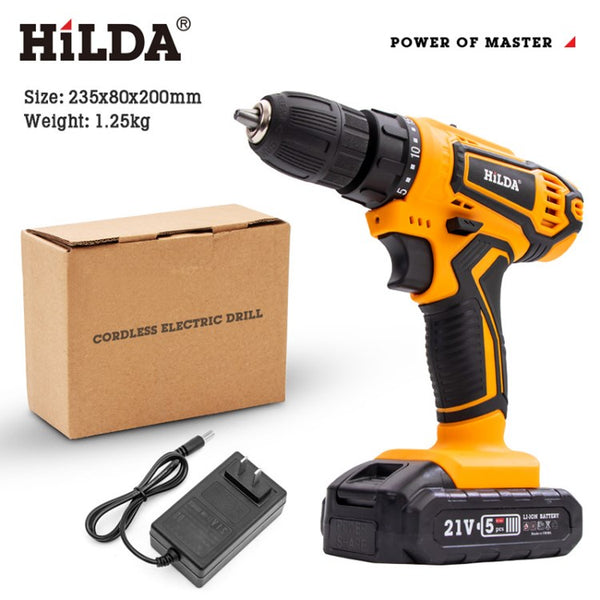 HILDA Electric Drill Screwdriver 21V US Plug Rechargeable Cordless Woodworking Drill Power Tool Power Drill Driver