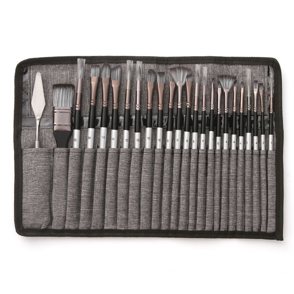 23pcs Different Sizes Paint Brushes Set Professional Nylon Hair Wooden Handle Paintbrush with Scraper Canvas Organizing Bag