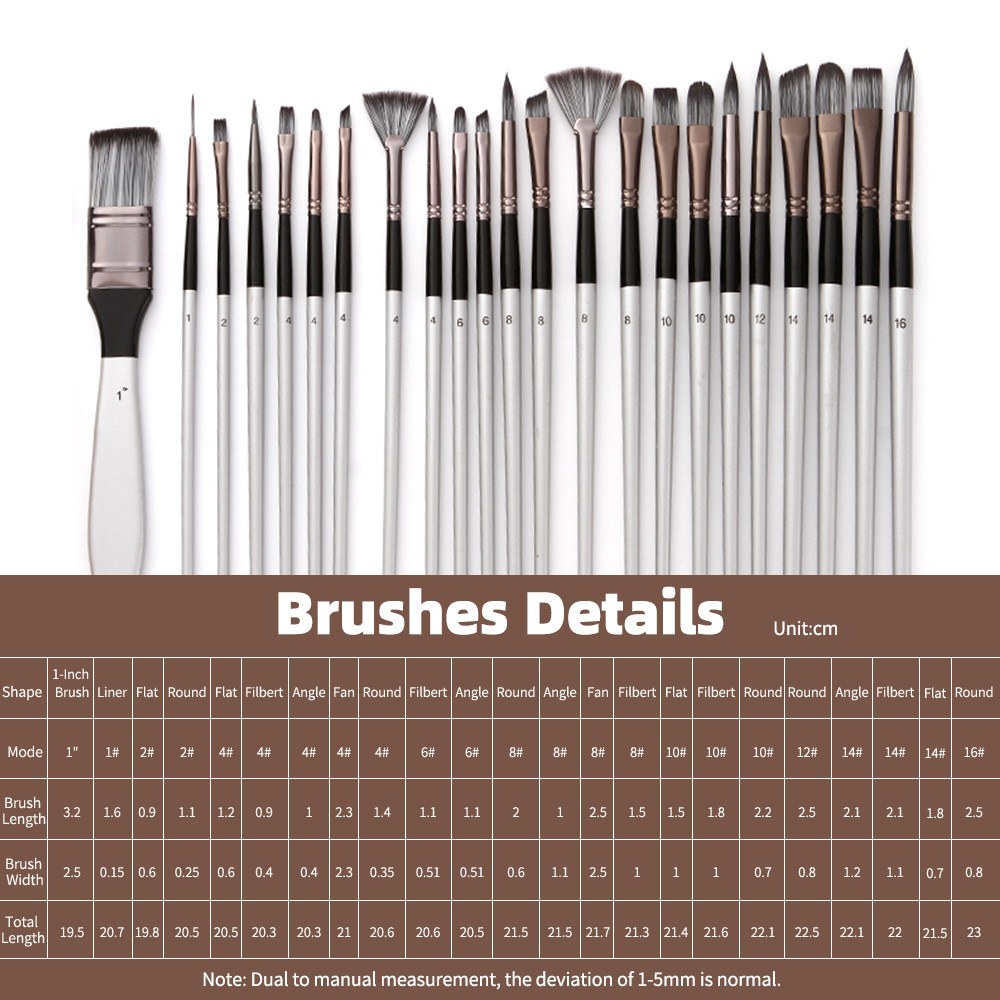 23pcs Different Sizes Paint Brushes Set Professional Nylon Hair Wooden Handle Paintbrush with Scraper Canvas Organizing Bag