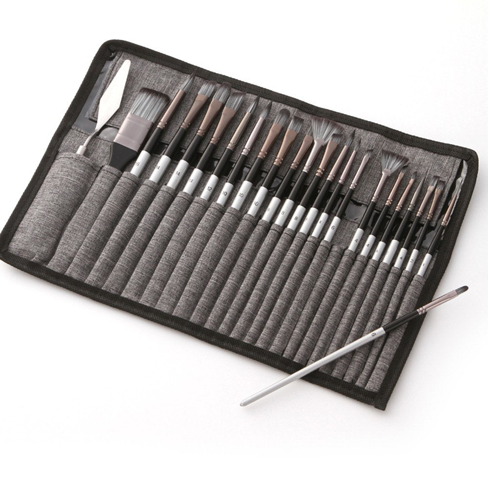 23pcs Different Sizes Paint Brushes Set Professional Nylon Hair Wooden Handle Paintbrush with Scraper Canvas Organizing Bag