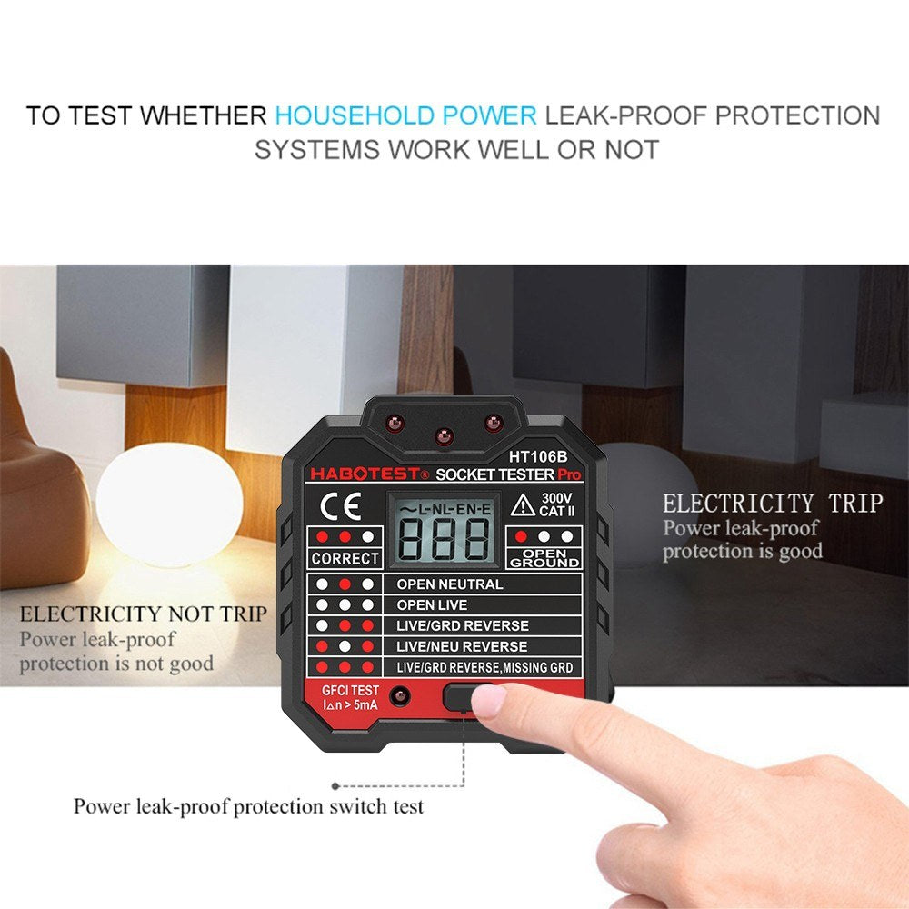 HABOTEST HT106D RCD Electric Socket Tester Automatic Neutral Live Earth Wire Circuit Polarity Detector Wall Plug Breaker Finder with Voltage Backlight LCD Display