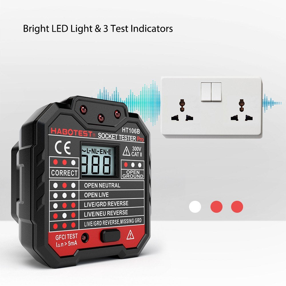 HABOTEST HT106D RCD Electric Socket Tester Automatic Neutral Live Earth Wire Circuit Polarity Detector Wall Plug Breaker Finder with Voltage Backlight LCD Display