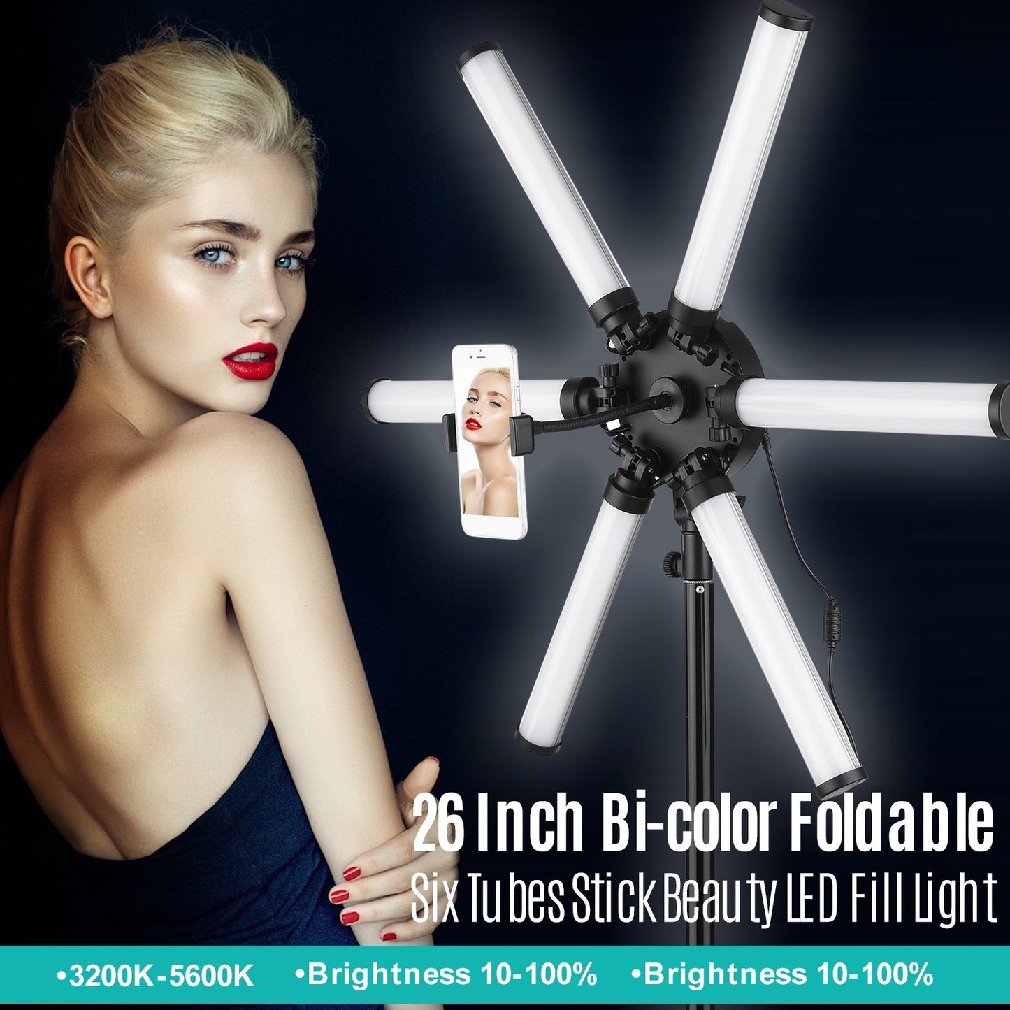 26 inch 54W Portable Foldable 6 Tubes Stick Beauty Light Adjustable 3200K-5600K Bi-color LED Fill Light CRI 90+ with Flexible Phone Holder for Live Streaming Vlogging Makeup Lighting