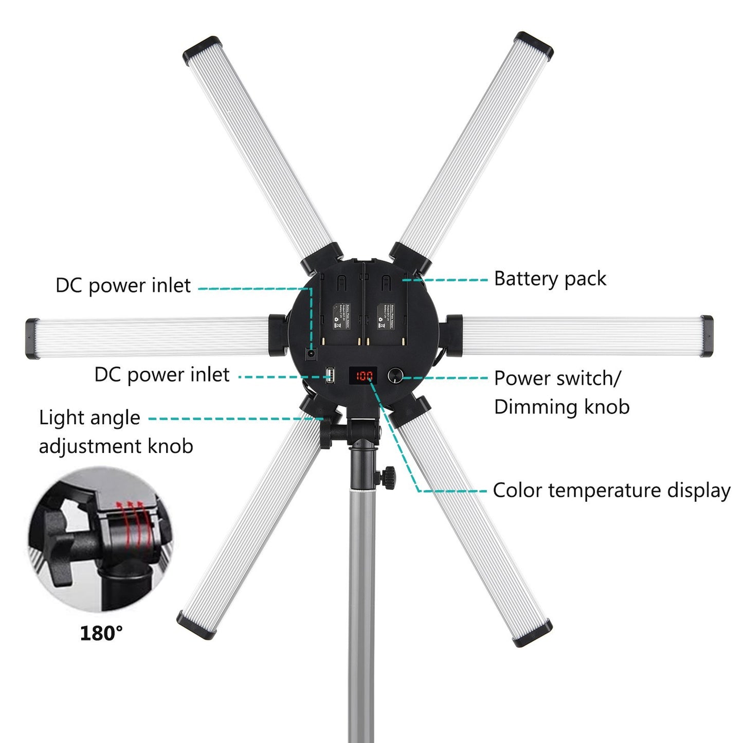 26 inch 54W Portable Foldable 6 Tubes Stick Beauty Light Adjustable 3200K-5600K Bi-color LED Fill Light CRI 90+ with Flexible Phone Holder for Live Streaming Vlogging Makeup Lighting