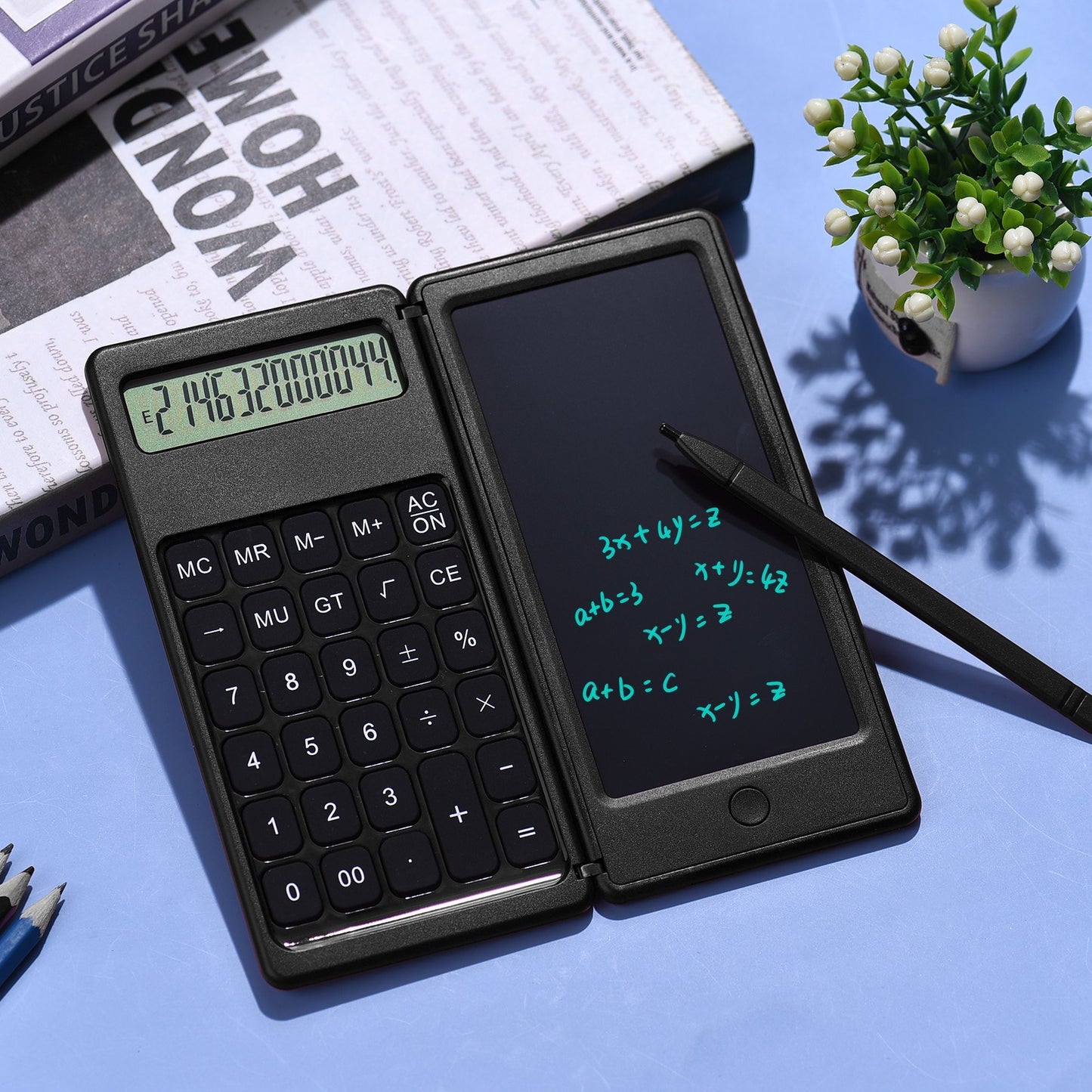 Foldable Calculator + 6 Inch LCD Writing Tablet Digital Drawing Pad 12 Digits Display with Stylus Pen Erase Button for Children Adults