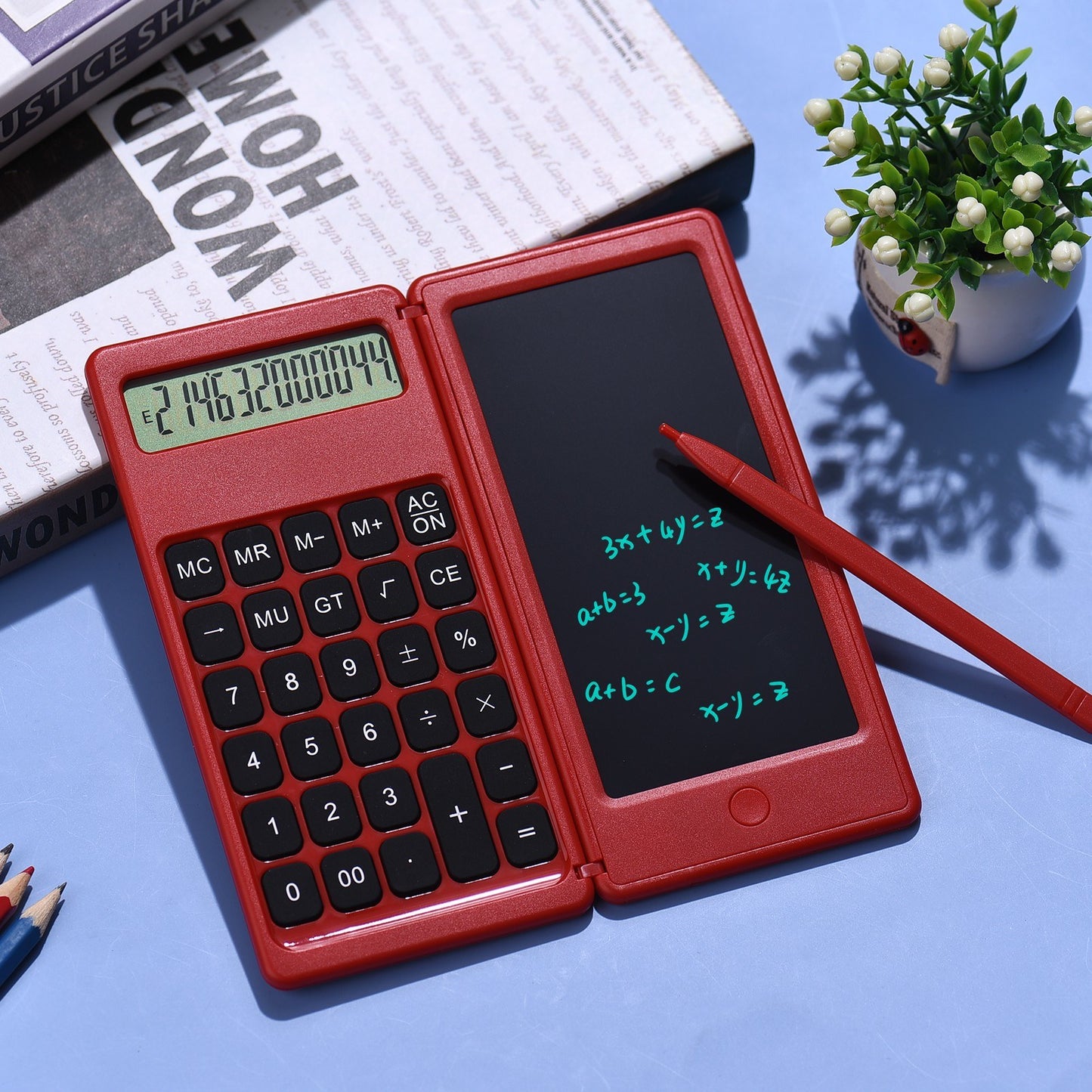 Foldable Calculator + 6 Inch LCD Writing Tablet Digital Drawing Pad 12 Digits Display with Stylus Pen Erase Button for Children Adults