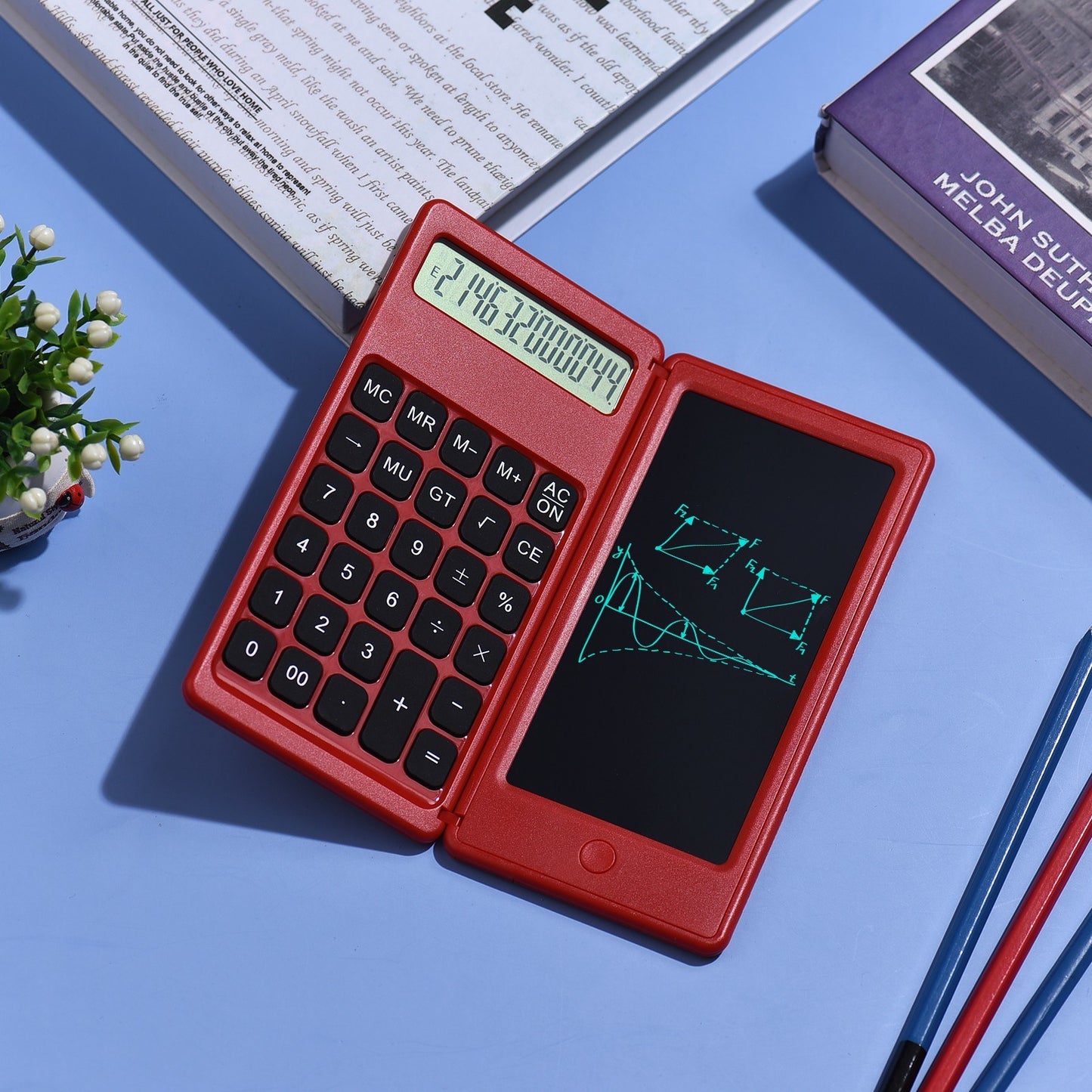 Foldable Calculator + 6 Inch LCD Writing Tablet Digital Drawing Pad 12 Digits Display with Stylus Pen Erase Button for Children Adults