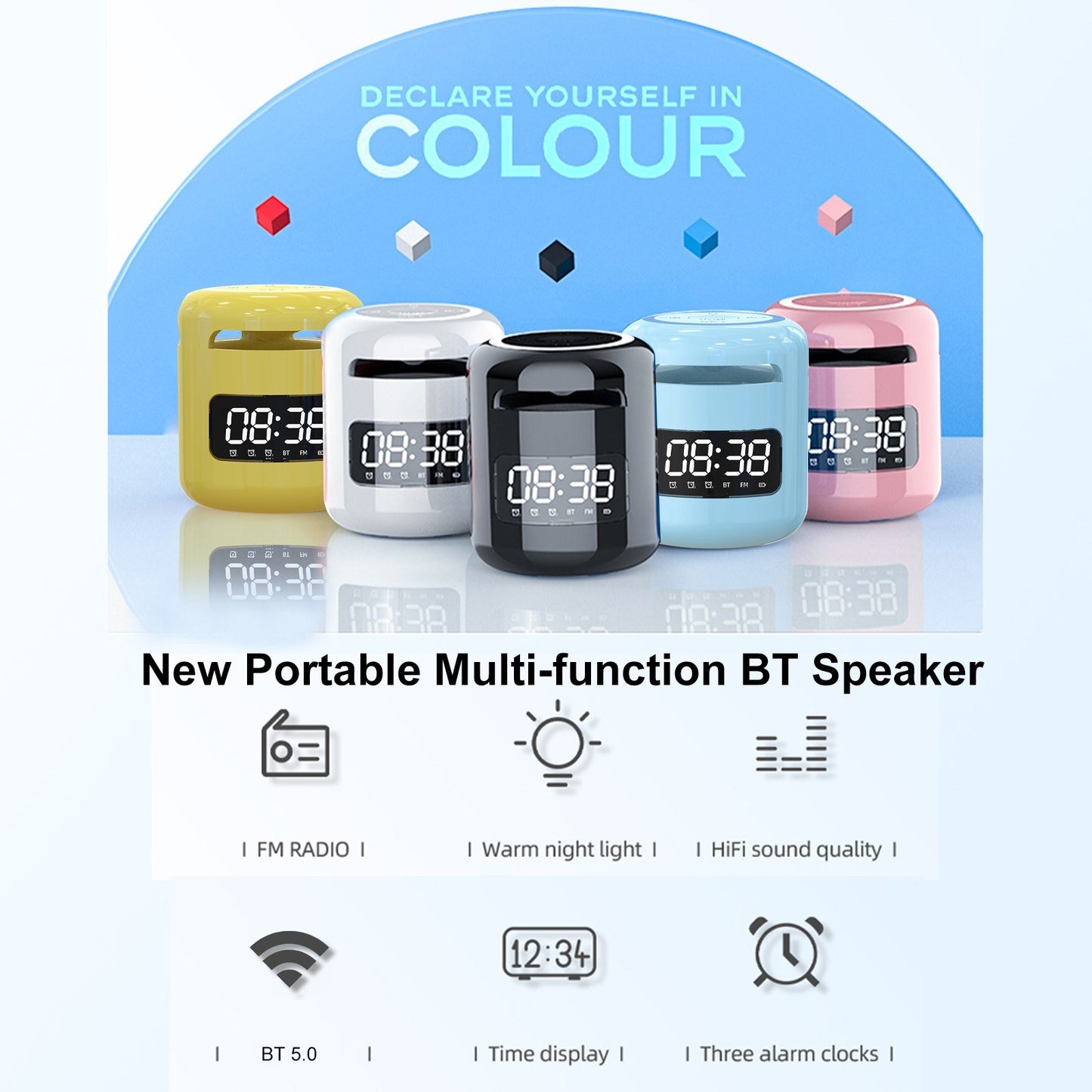 JM01 Hands-free Portable BT 5.0 Speaker Wireless Alarm Clocks Loudspeakers with Mic