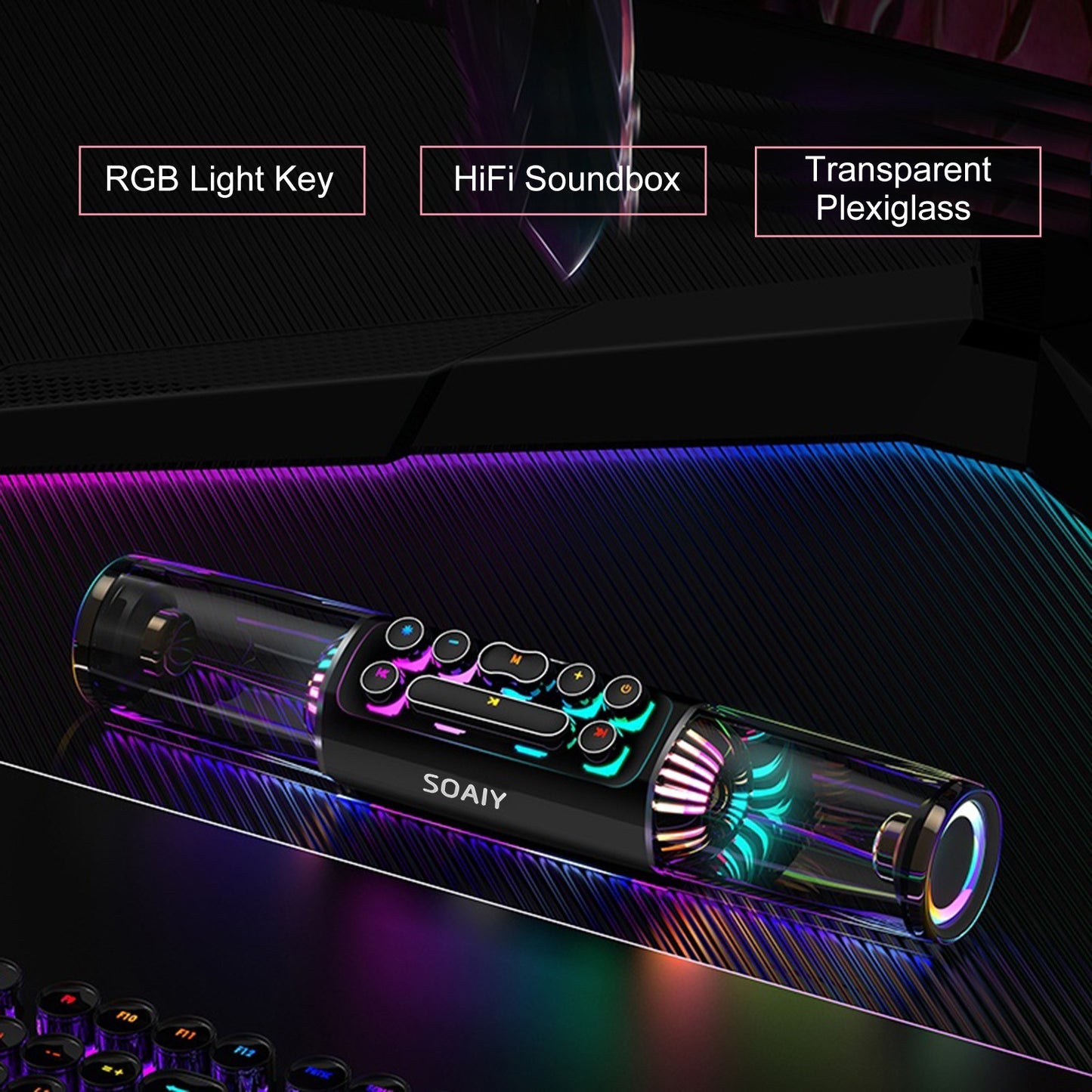 SOAIY SH19 HiFi Speaker Computer Game BT Subwoofer RGB Light Key Bass Sound Bar Stereo Music Player Sound Box TF Card Port 3.5mm Audio Input for PC Laptop Smartphone Tablet - US Plug