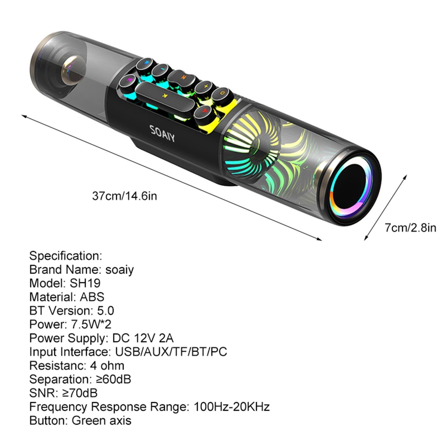 SOAIY SH19 HiFi Speaker Computer Game BT Subwoofer RGB Light Key Bass Sound Bar Stereo Music Player Sound Box TF Card Port 3.5mm Audio Input for PC Laptop Smartphone Tablet - US Plug