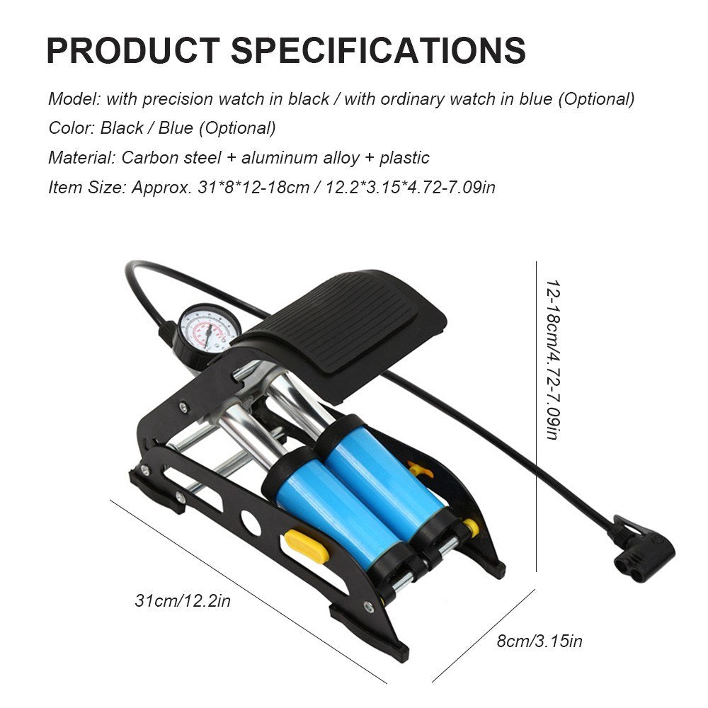 2-in-1 Folding Air Pump with Ordinary Barometer in High-Pressure Pump with Dual Cylinder Portable Inflatable Cylinder Inflation Pump with Pedal for Automobiles Bicycles Rubber Boats