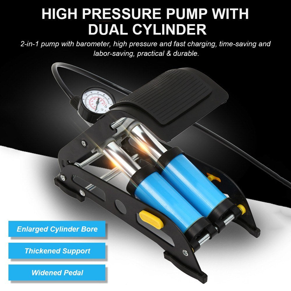 2-in-1 Folding Air Pump with Ordinary Barometer in High-Pressure Pump with Dual Cylinder Portable Inflatable Cylinder Inflation Pump with Pedal for Automobiles Bicycles Rubber Boats