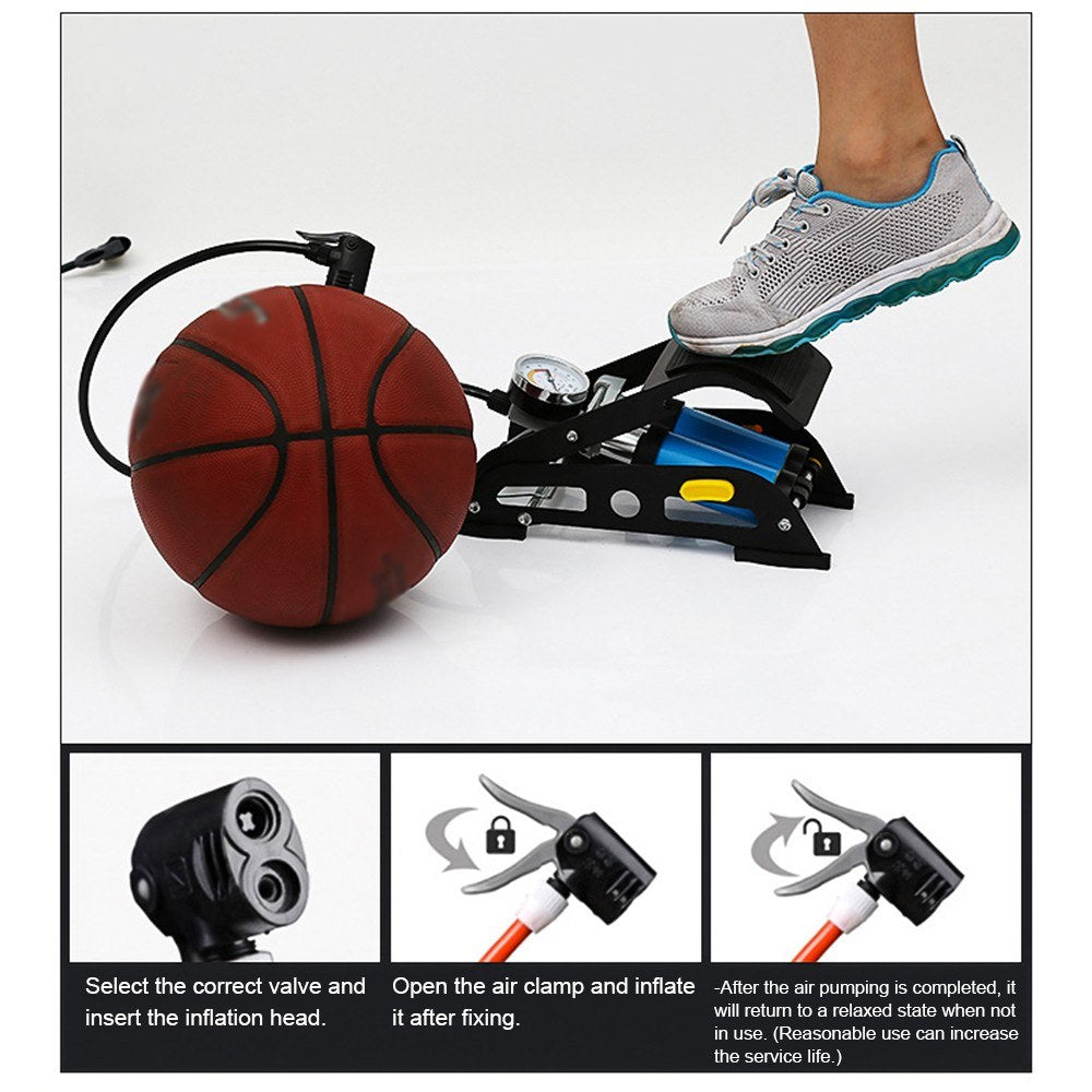 2-in-1 Folding Air Pump with Ordinary Barometer in High-Pressure Pump with Dual Cylinder Portable Inflatable Cylinder Inflation Pump with Pedal for Automobiles Bicycles Rubber Boats