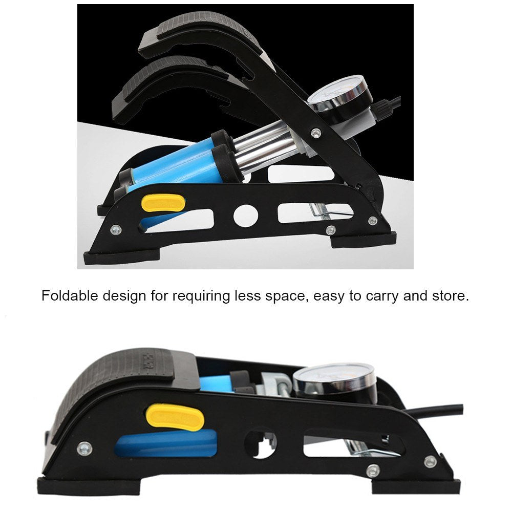2-in-1 Folding Air Pump with Ordinary Barometer in High-Pressure Pump with Dual Cylinder Portable Inflatable Cylinder Inflation Pump with Pedal for Automobiles Bicycles Rubber Boats