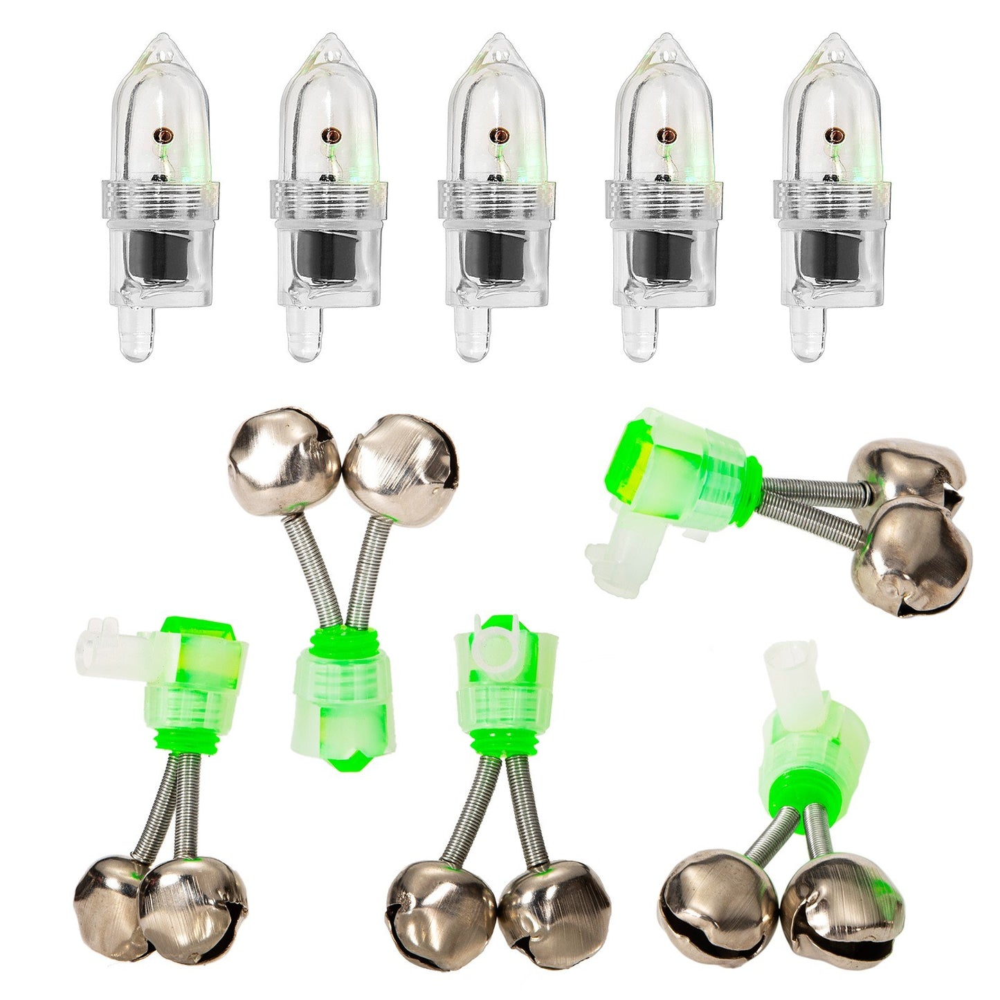 10Pcs LED Night Fishing Rod Bite with Ring Bells Fishing Tackle Light Clip Indicator on Fishing Rod