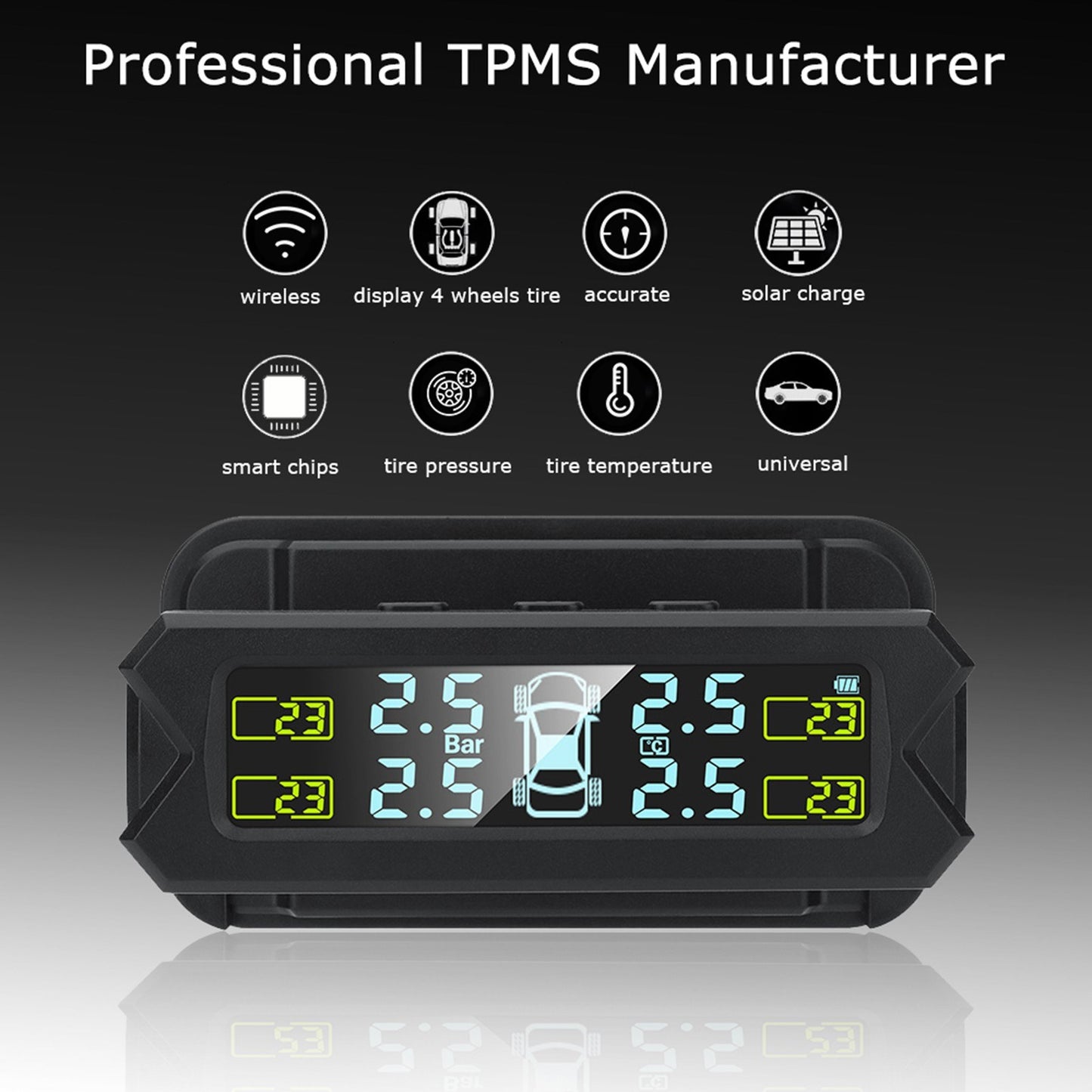 Wireless Tire Pressure Monitoring System Solar Powered TPMS 5 Alarm Modes Tire Pressure
