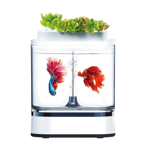 DESGEO Amphibious Fishbowl Pro 1.5L Mini Flower &amp; Fish Cultivation Waterproof LED Light Design Smart Touch Fish Tank with Filter Box + Airpump - White
