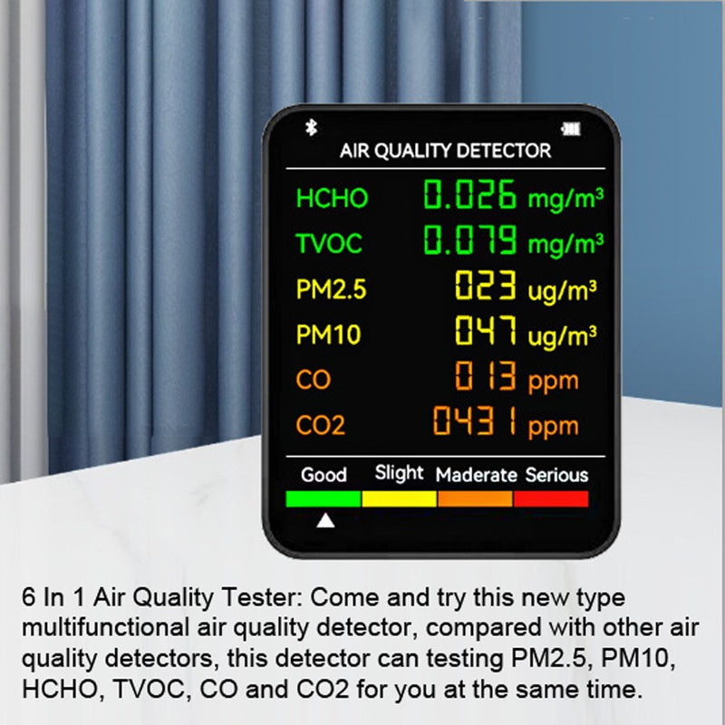 6 In 1 PM2.5 PM10 HCHO TVOC CO CO2 Multifunctional Air Quality Detector LCD Screen Display Air Quality Tester