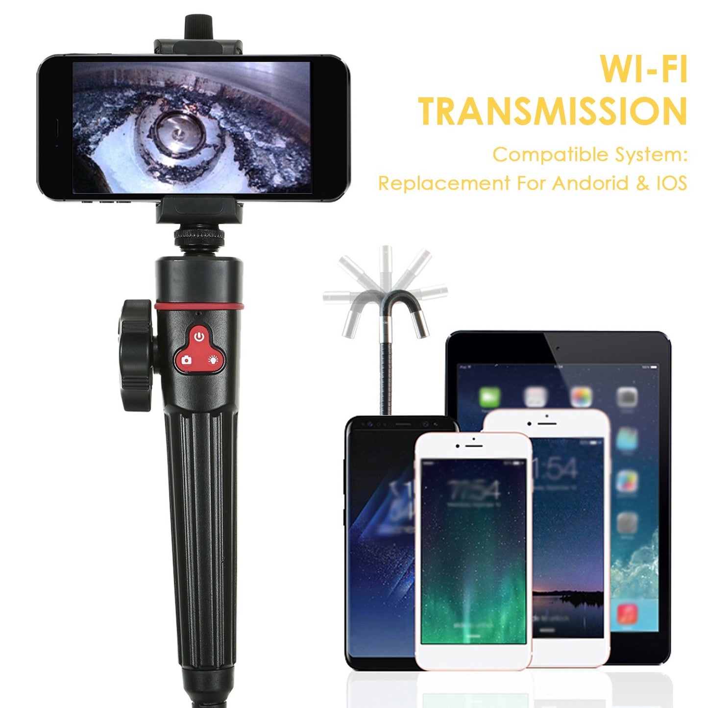 2-Way 180 Degree Steering Angle Industrial Endoscope Rechargeable 2.0 Million Pixel WiFi Waterproof Borescope for Automobile/Pipeline Inspection