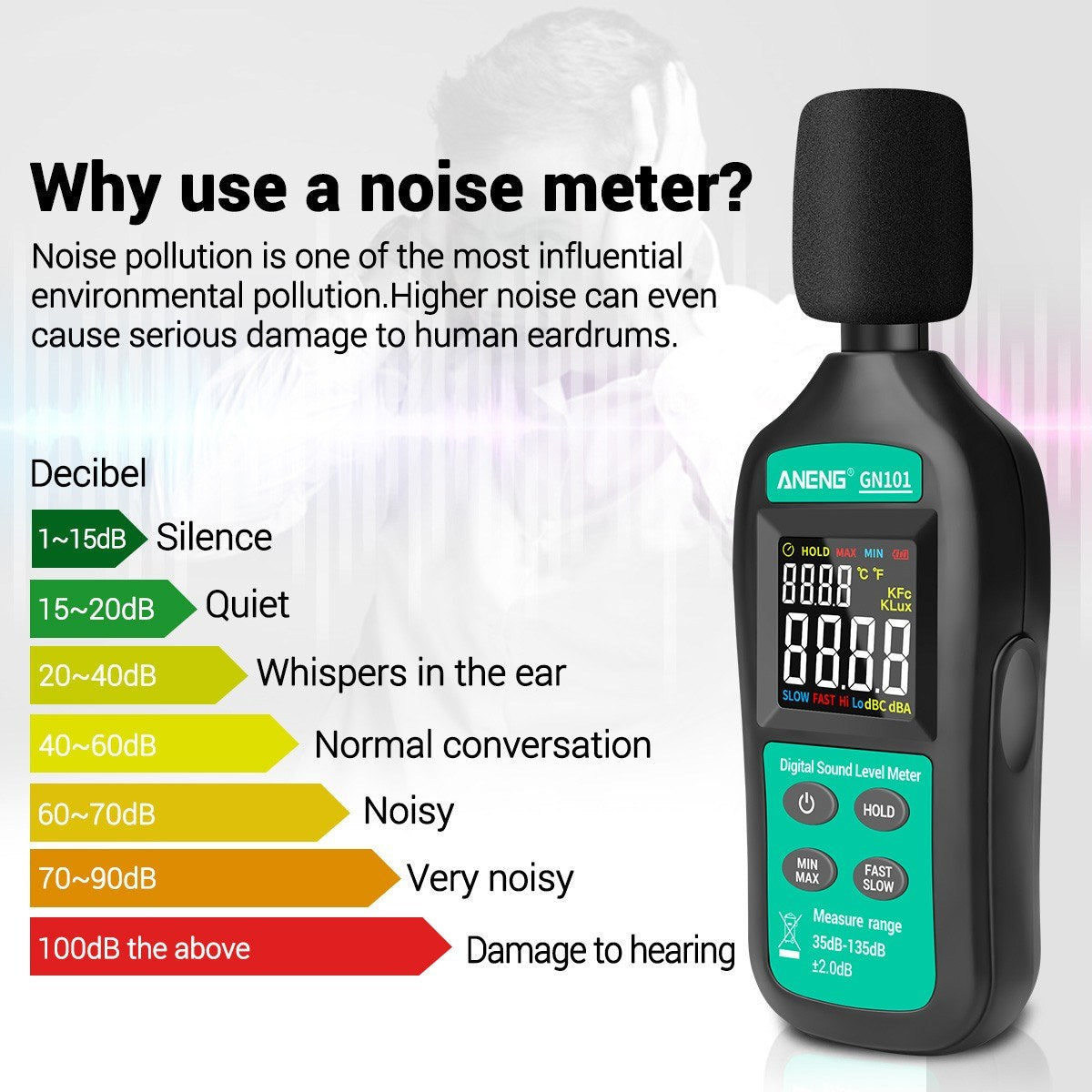 ANENG GN101 LCD Digital Decibel Meter Reader and Sound Noise Meter Tester 35db-135db Measuring Range with Condenser Microphone