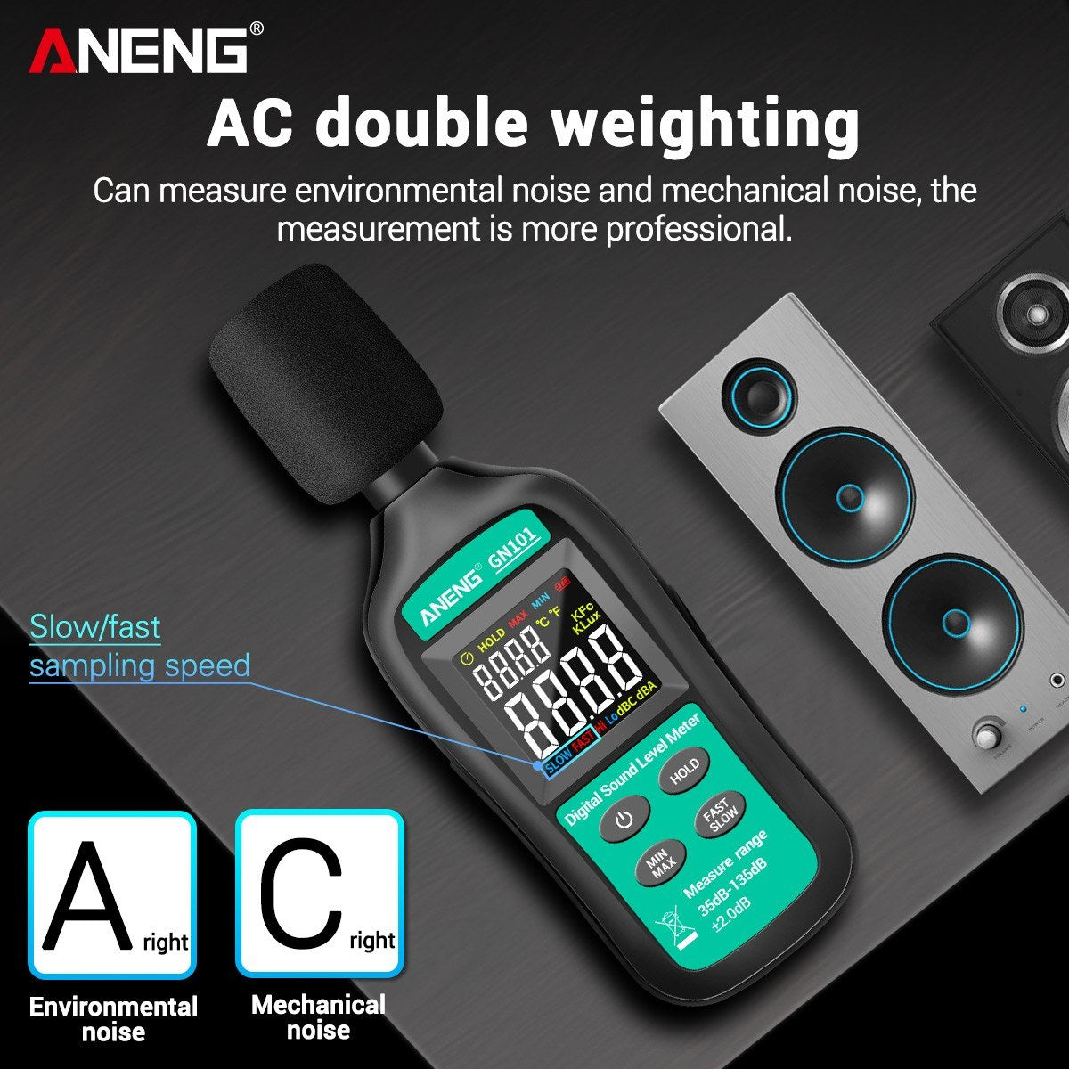 ANENG GN101 LCD Digital Decibel Meter Reader and Sound Noise Meter Tester 35db-135db Measuring Range with Condenser Microphone