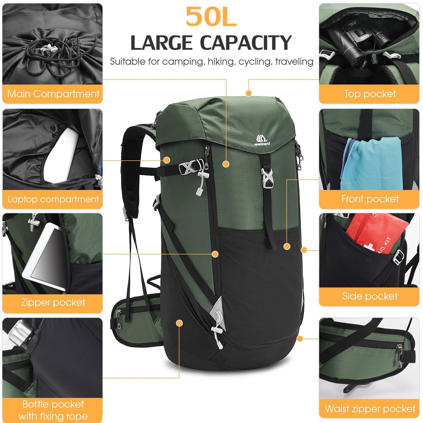 Hiking Backpack 50L Mountaineering Backpack Waterproof Lightweight Hiking Daypack Trekking Camping Outdoor Sport Travel Bag or Climbing Camping Touring