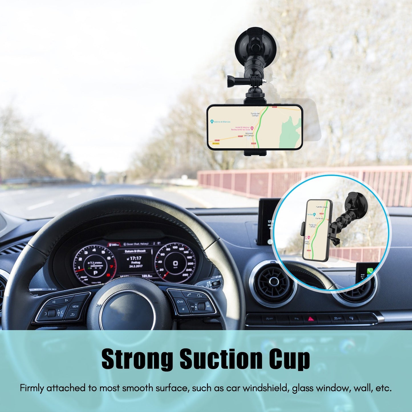 16cm/6.3in Flexible Suction Cup Mount Windshield Phone Stand 360-Degree Rotating Phone Holder with 1/4 Inch Screw Connector for Smartphones Action Cameras