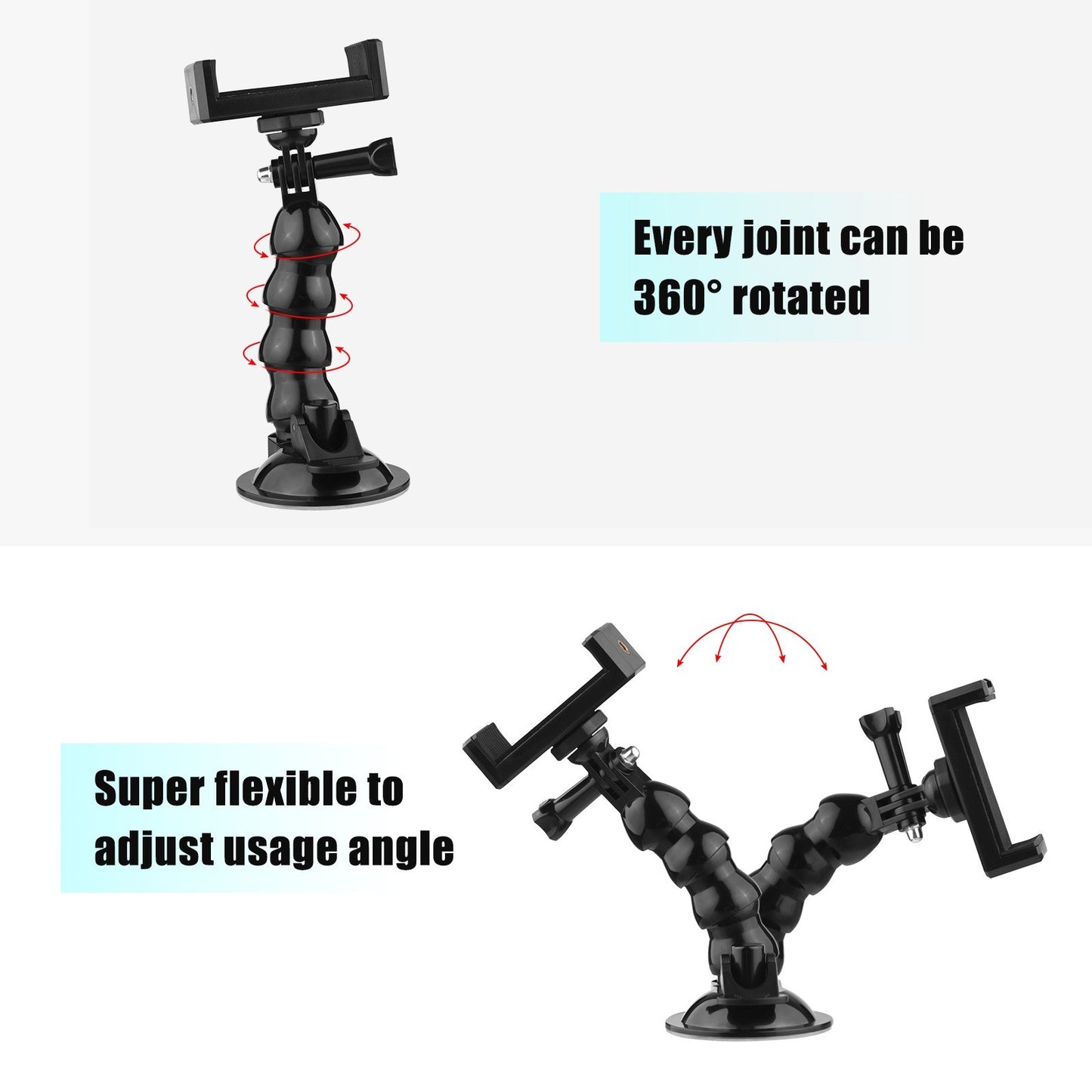 16cm/6.3in Flexible Suction Cup Mount Windshield Phone Stand 360-Degree Rotating Phone Holder with 1/4 Inch Screw Connector for Smartphones Action Cameras