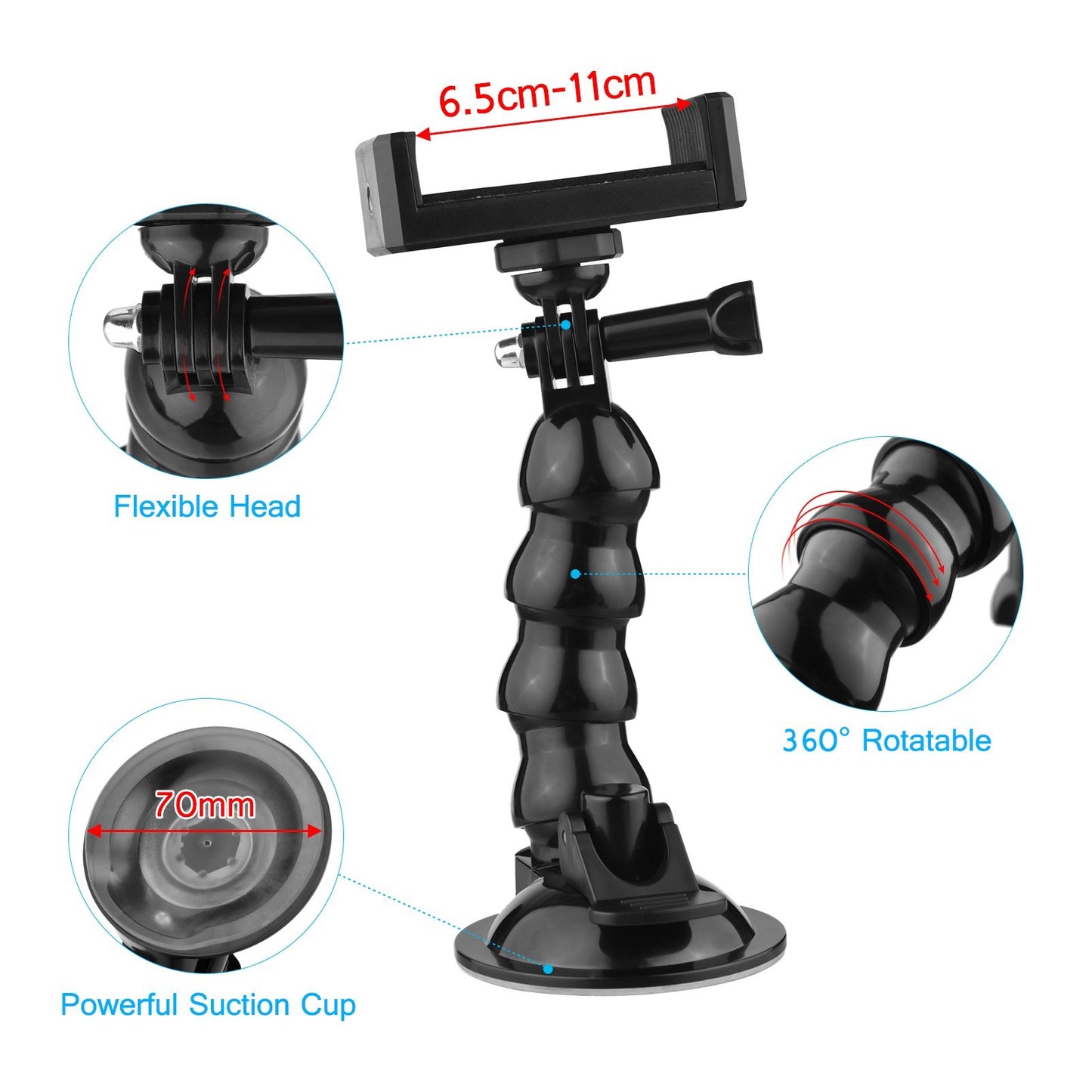 16cm/6.3in Flexible Suction Cup Mount Windshield Phone Stand 360-Degree Rotating Phone Holder with 1/4 Inch Screw Connector for Smartphones Action Cameras