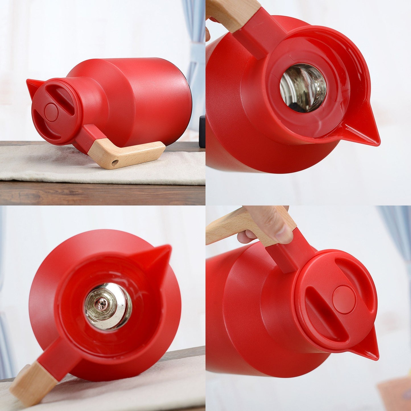 1L Thermal Coffee Carafe Double Walled Thermal Carafe Pot Keeping Hot Cold Water Kettle with Wood Handle