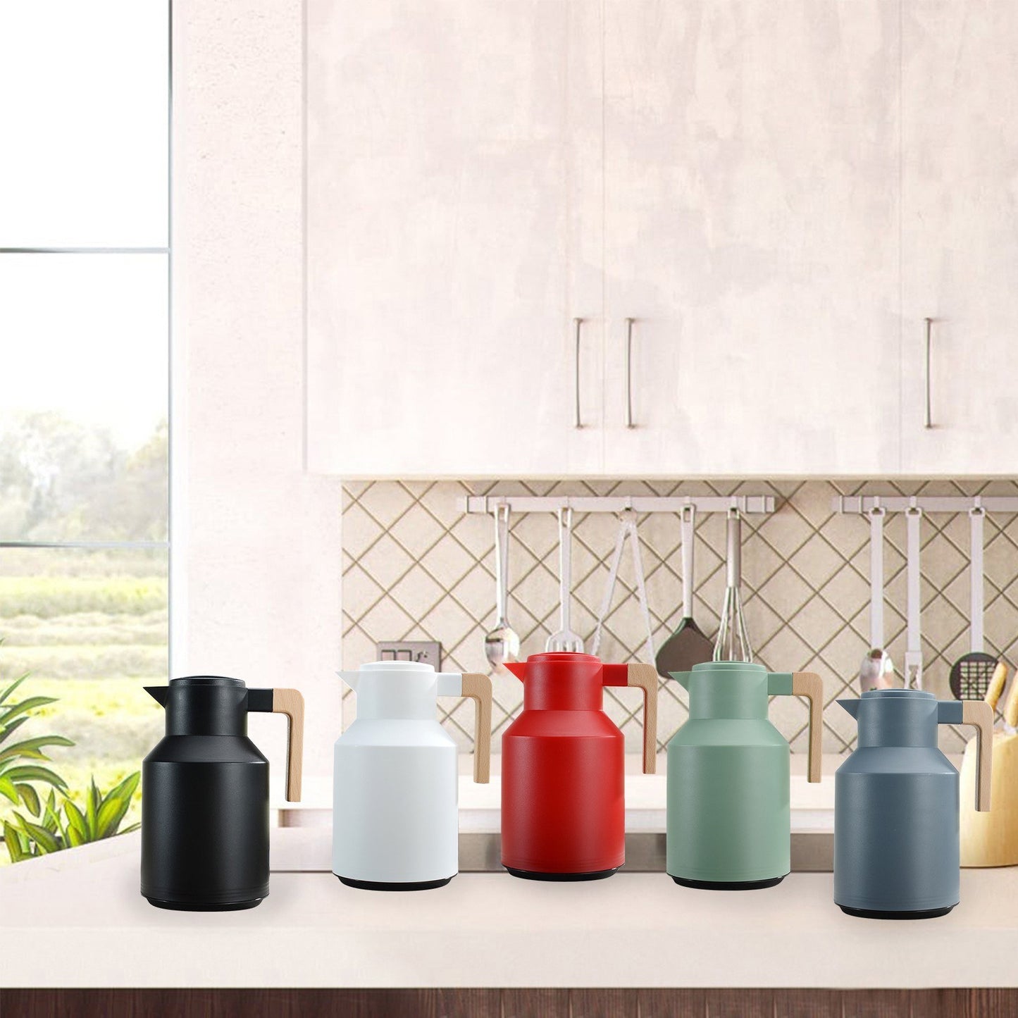 1L Thermal Coffee Carafe Double Walled Thermal Carafe Pot Keeping Hot Cold Water Kettle with Wood Handle