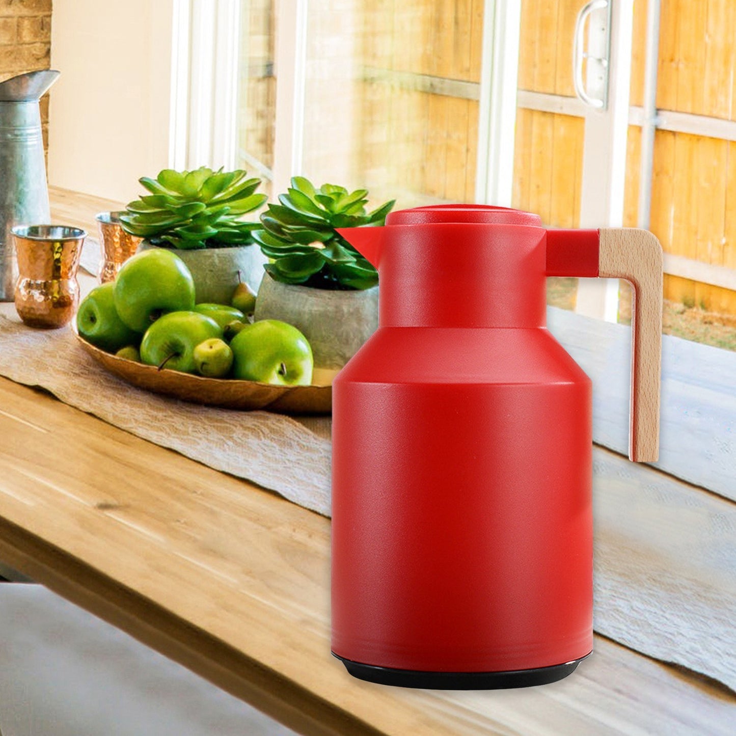 1L Thermal Coffee Carafe Double Walled Thermal Carafe Pot Keeping Hot Cold Water Kettle with Wood Handle