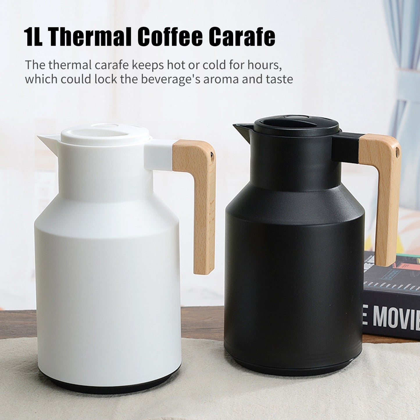 1L Thermal Coffee Carafe Double Walled Thermal Carafe Pot Keeping Hot Cold Water Kettle with Wood Handle